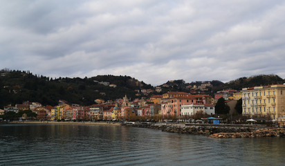 Fototapeta na wymiar Liguria, italy, landscape of the San Terenzo city and the front bay on a grey winter day
