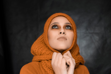 Beautiful Young Woman, Face shot on Dark Grey Background