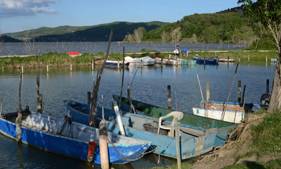 Fototapeta na wymiar Umbria, Italy, harbor in Trasimeno lake near San Feliciano with fishing boats
