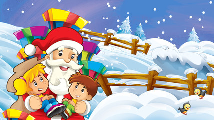 cartoon snow scene with santa claus and kids - illustration for children