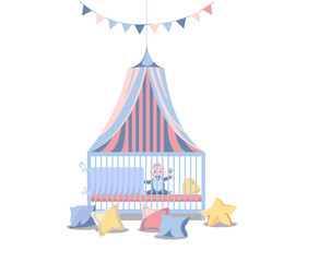 Obraz premium Newborn kid nursery room interior flat vector illustration of bedroom furniture. Baby with pacifier in a baby cradle with a striped canopy. bed with boy. Vector flat cartoon illustration isolated