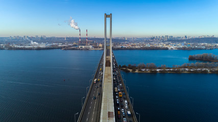Fototapeta na wymiar Aerial view of the South Bridge. Aerial view of South subway cable bridge. Kiev, Ukraine.