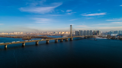 Aerial view of the South Bridge. Aerial view of South subway cable bridge. Kiev, Ukraine.