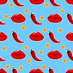 Seamless vector pattern with patch badges as red woman lips, chili peppers and stars. Retro background with pins and stickers 80-s and 90-s style. 