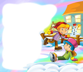 Naklejka premium cartoon scene with kids playing in the playground ice skating - with space for text - illustration for children