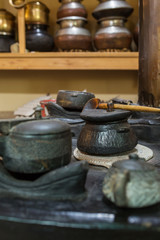Authentic ladakhi oven with pots on it in Ladakh region, India