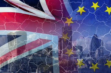 No Deal Brexit conceptual image of cracks over image of London with UK and EU flags in image