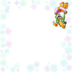 Christmas elf boy dropping from the sky using a present as a parachute.