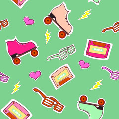 Seamless vector pattern with shutter shades glasses, roller skates, cassette tapes, lightnings and hearts. Retro background with patch badges, pins, stickers in 80-s-90-s style.