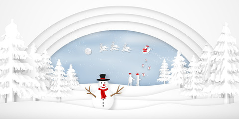 Paper art, cut and digital craft style of anta Claus on Sleigh and Reindeer with Children party and enjoy in the merry christmas night as x'mas and happy new year concept. vector illustration.