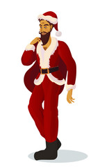 Vector illustration of young sexy  walking Santa Claus with bag of presents.