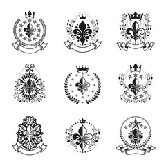Royal symbols Lily Flowers emblems set. Heraldic vector design elements collection. Retro style label, heraldry logo.