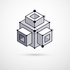 Abstract modern retro black and white 3D background, geometric futuristic shapes vector illustration. Abstract scheme of engine or engineering mechanism.