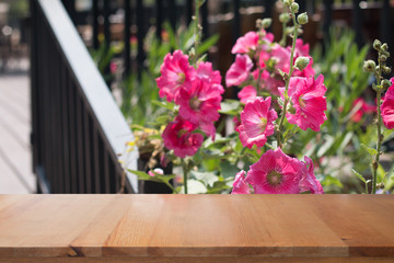 Fototapeta na wymiar Empty desk with Hollyhocks blooming in garden