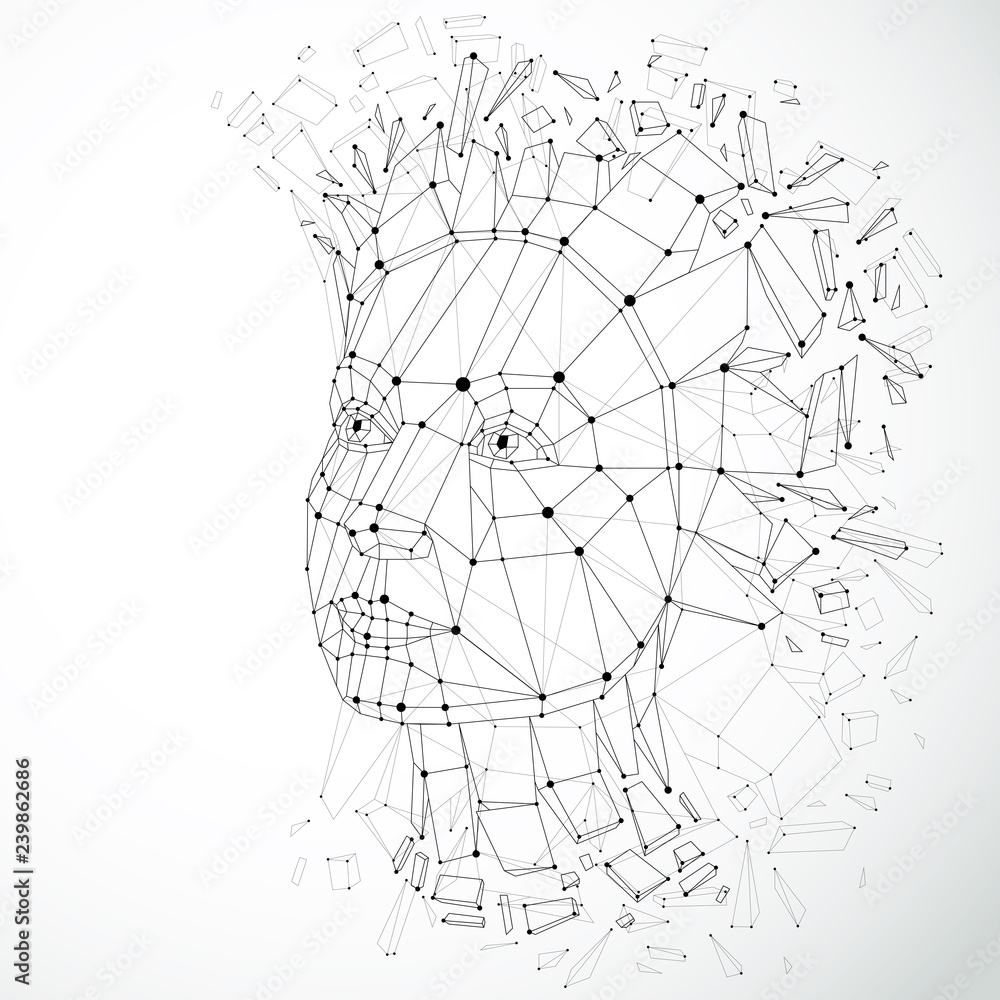 Aufkleber face of a thinking woman created in low poly style and with connected lines, 3d vector black and whi