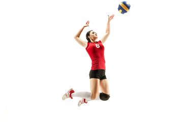 Female professional volleyball player isolated on white with ball. The athlete, exercise, action,...
