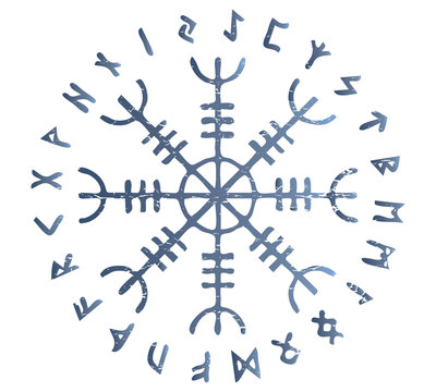 Icelandic magic stave distressed vector illustration: Helm of Awe or Terror, also known as Aegishjalmur sigil with futhark runes circle.