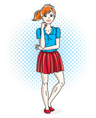 Attractive redhead woman posing on decorative backdrop with bubbles and circles and wearing casual clothes. Vector nice lady illustration.