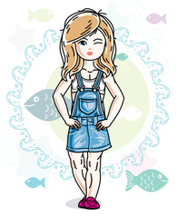 Happy little blonde girl posing on marine background with fishes and wearing fashionable casual clothes. Vector character.