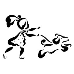 Little girl walks with a very active puppy