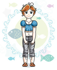 Happy little red-haired girl posing on marine background with fishes and wearing fashionable casual clothes. Vector character.
