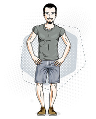 Confident handsome brunet young man standing. Vector illustration of male wearing casual clothes, jeans shorts and T-shirt.