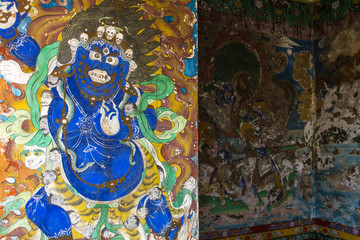 Obraz na płótnie Canvas Sikkim, India - April 26, 2017: Old buddhist painting on the wall of Pemayangtsi Monastery near Pelling in the state of Sikkim, India.