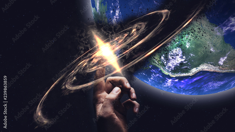 Poster touching planet with finger and destroit. mixed media.