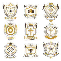 Vintage decorative heraldic vector emblems composed with elements like eagle wings, religious crosses, armory and medieval castles, animals. Collection of classy symbolic illustrations.