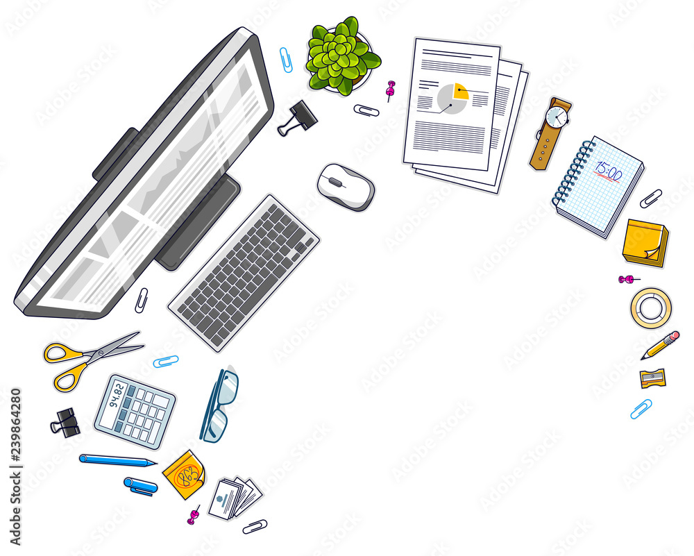 Fototapete office desk workspace top view with pc computer and diverse stationery objects for work with copy sp