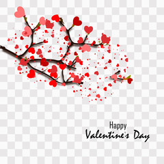 Happy Valentine's Day. Red elements hanging on the branch for invitation or poster. Festive tree with paper heart shaped leaves