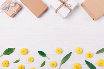 View from above decorative frame made of gift boxes