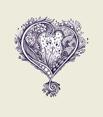 Creative composition with Zen tagle heart in vintage style black and white for coloring page or adult coloring book or for Post card of  Valentines Day or for label flyer template