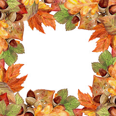 Naklejka na ściany i meble Square frame of autumn leaves and acorns. Watercolor