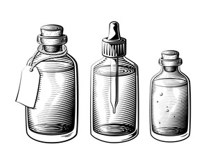 Vintage oil bottle set. Full glass bottle vector illustration.