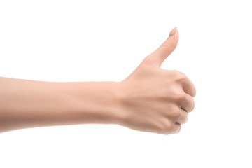 partial view of woman showing thumb up sign isolated on white