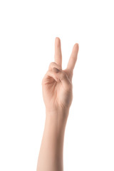 cropped view of woman showing latin letter V in deaf and dumb language isolated on white