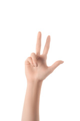 partial view of woman showing number 3 in sign language isolated on white