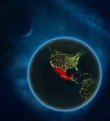 Mexico at night from space with Moon and Milky Way. Detailed planet Earth with city lights and visible country borders.