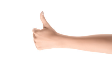 cropped view of woman showing thumb up sign isolated on white