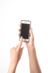 cropped view of woman using smartphone with blank screen isolated on white