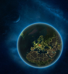 Czech republic at night from space with Moon and Milky Way. Detailed planet Earth with city lights and visible country borders.