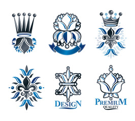 Fototapeta na wymiar Lily Flowers Royal symbols, floral and crowns, emblems set. Heraldic Coat of Arms decorative logos isolated vector illustrations collection.