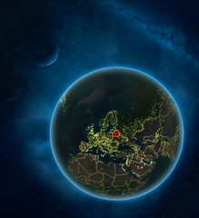 Belarus at night from space with Moon and Milky Way. Detailed planet Earth with city lights and visible country borders.