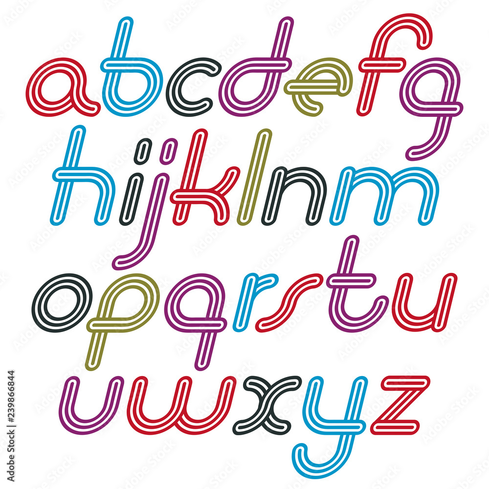 Fototapete vector retro lowercase english alphabet letters collection. cool disco cursive font, script from a t