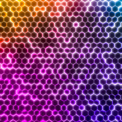 Abstract glow light color hexagonal background. Grunge Polygonal Hex geometry surface . Futuristic colorful technology texture concept. 3d Rendering.