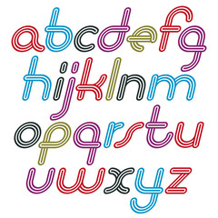 Vector retro lowercase English alphabet letters collection. Cool disco cursive font, script from a to z can be used in poster art. Created using geometric triple stripes.