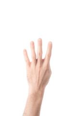 Obraz premium partial view of man showing number 4 in sign language isolated on white