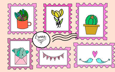 Pack of six vintage stamps for scrapbooking with romantic St. Valentine's Day elements