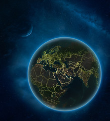 Kuwait at night from space with Moon and Milky Way. Detailed planet Earth with city lights and visible country borders.